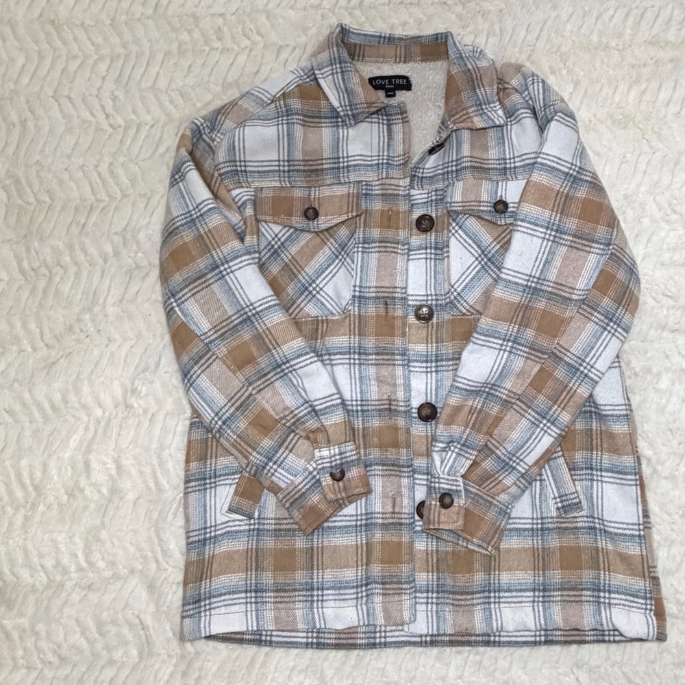 Love Tree Plaid Utility Jacket in Tan and White